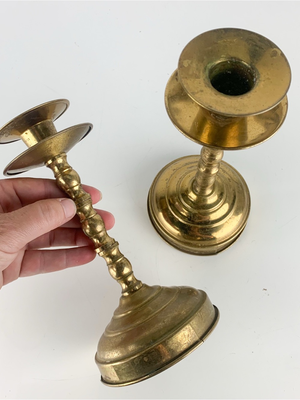 Vintage Pair Ornate Brass Candle Holder Candlesticks Wax Catch Hollywood Regency